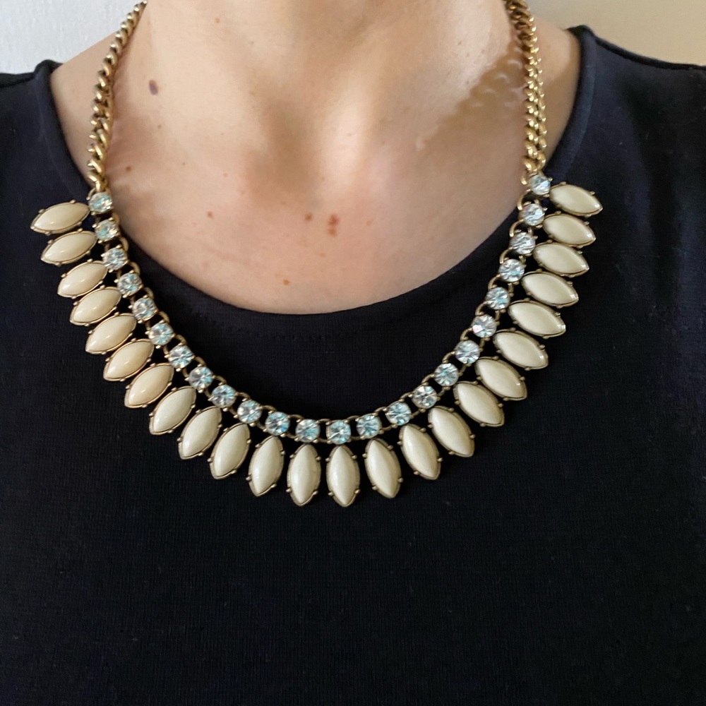 J.Crew Classic Ivory Marquise Ice White & Gold Statement Necklace with Gems